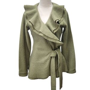 Elena Solano Boiled Wool Ruffle Wrap Jacket Green Cottagecore Artsy Sweater Sz M